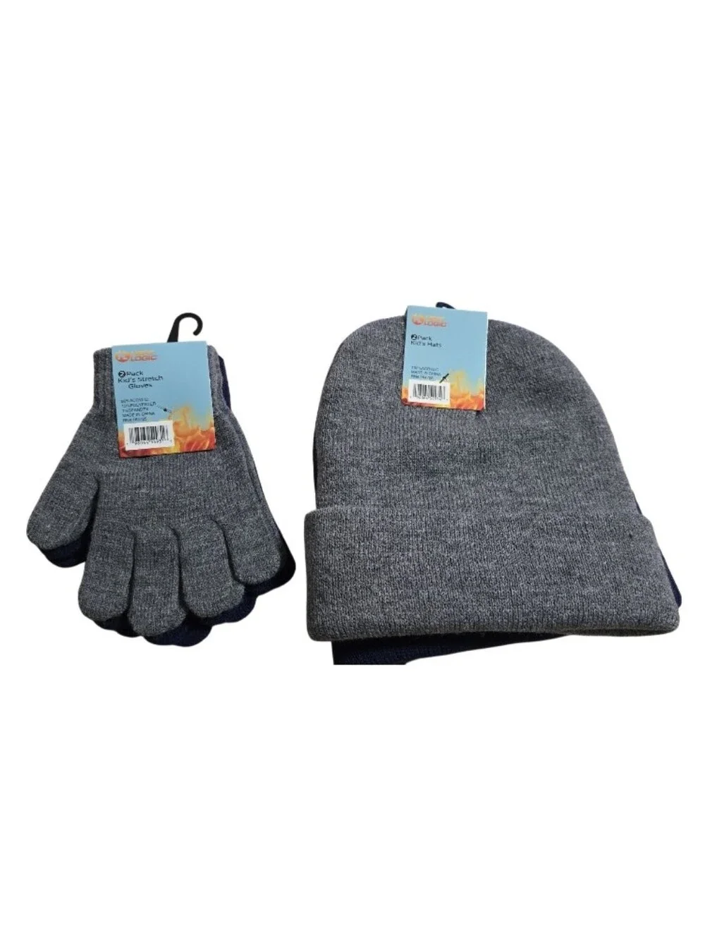 #hL01 Kids Winter Hat and Glove Set - Navy and Gray 2 Pairs.